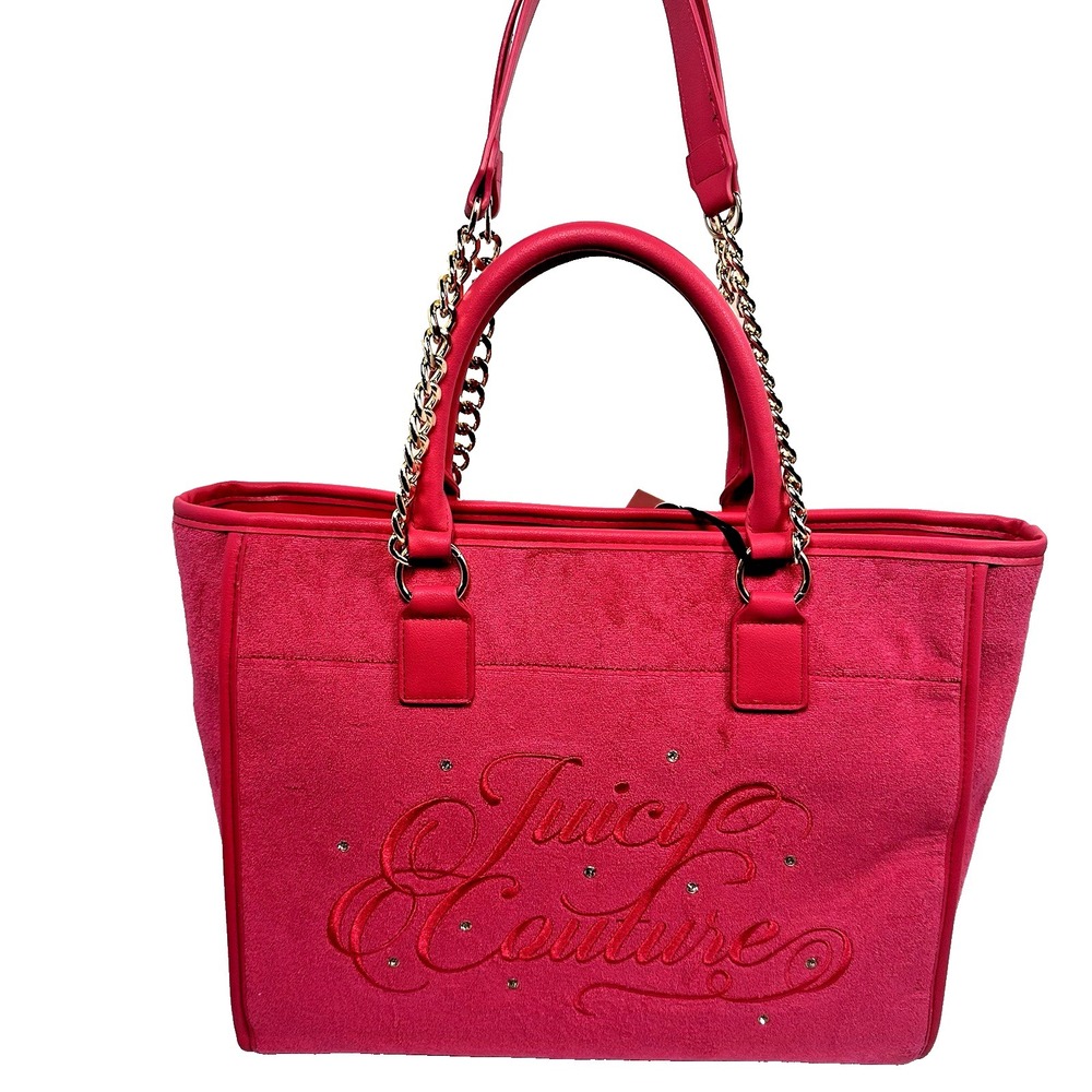 Juicy Couture Pink Flash Terry Cloth Beach Couture Tote Rhinestone Chain Y2K NWT